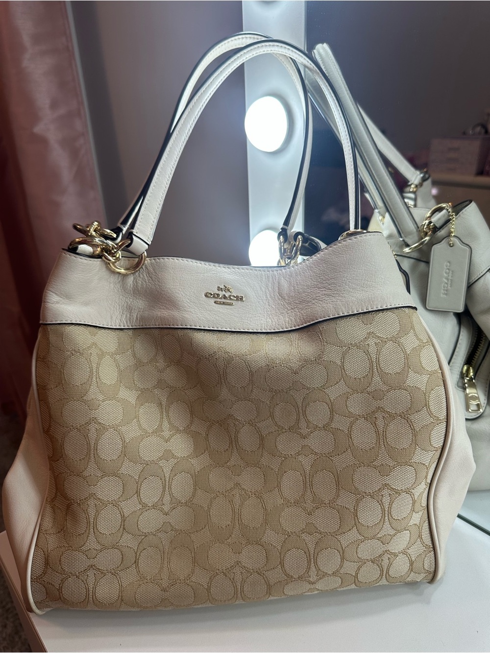 Coach Chalk White Khaki Lexy Hobo Bag Signature Jacquard Fabric & Leather